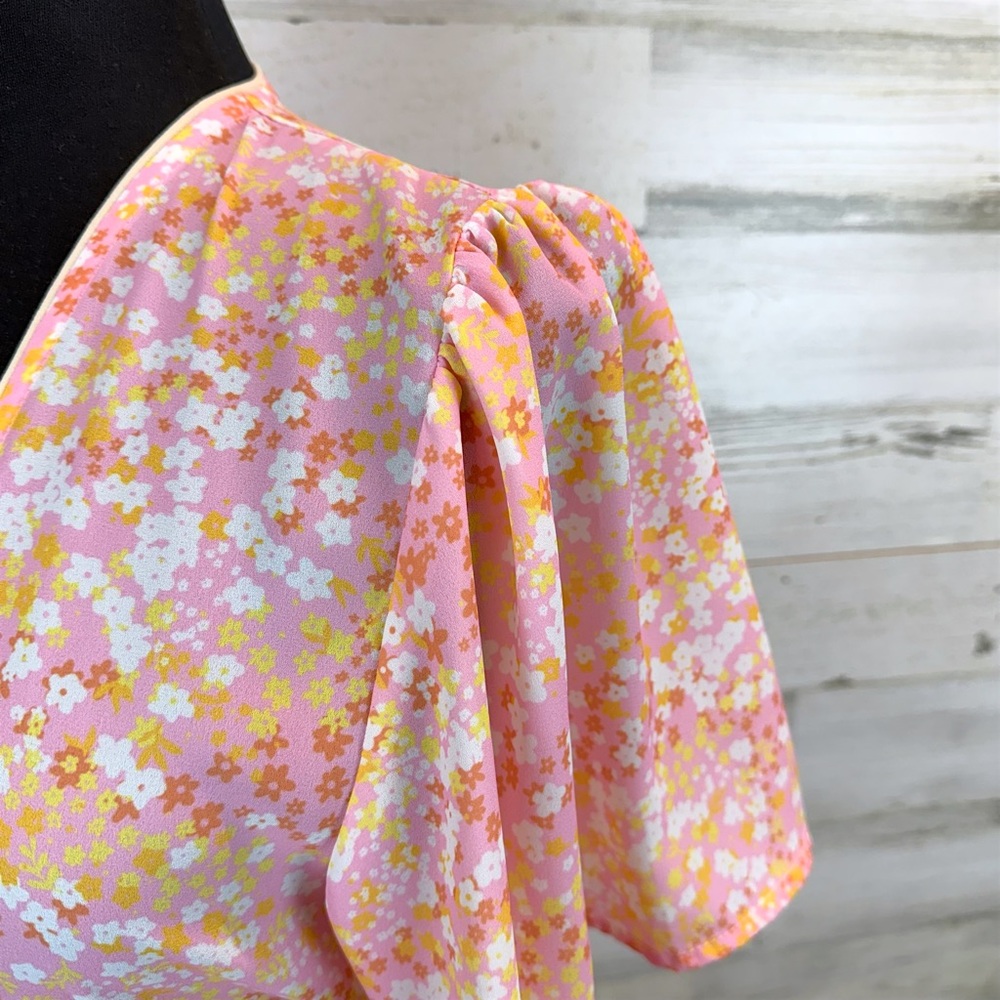 LaRoque Floral Wrap Midi Dress Pink Yellow Cottagecore Preppy Feminine Small - Picture 15 of 16